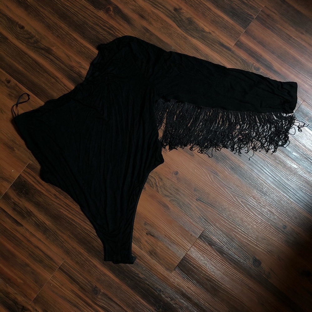 Epic black fringe one shoulder bodysuit